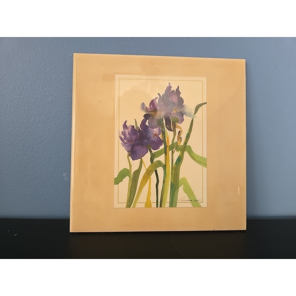 Hand Painted Tile Purple IRIS Signed 8"x8" Ready To Hang